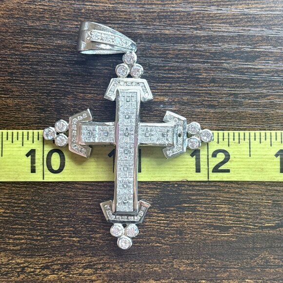 VTG Solid Sterling Silver 925 White Crystal Cross Pendant Size 3" Length - Picture 8 of 9